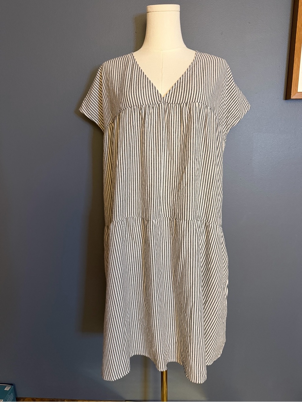 Striped V-Neck Tiered Midi Dress in White and Black